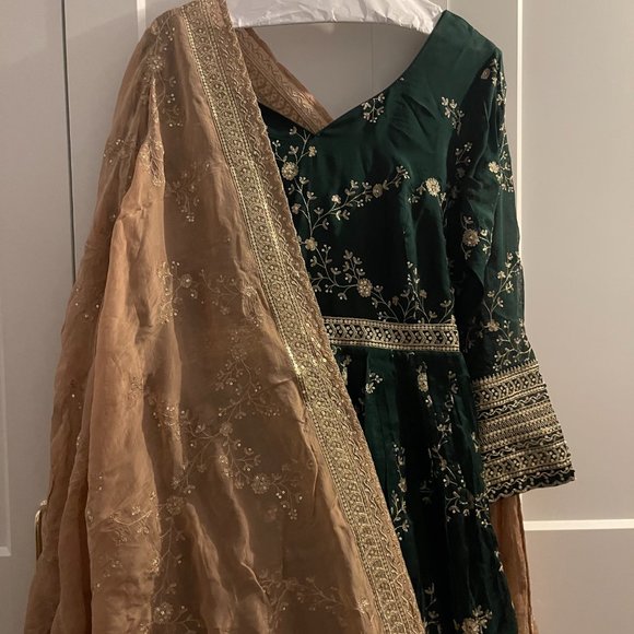 Women Orange Cotton Hand Embroidered & floral jaal Printed Angarkha style Anarkali Kurta with Pant & coordinated Dupatta